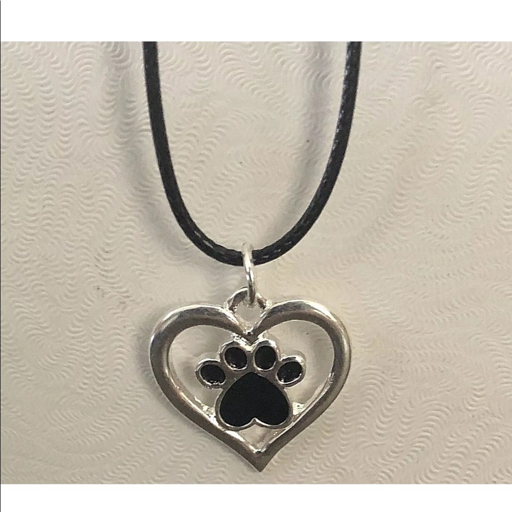 Paw Print Dog Cat Heart Necklace Black Cord